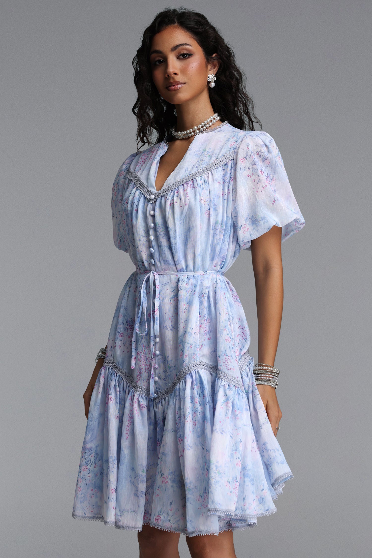 Kiera Resort Flowy Puff Sleeve Floral Print Woven Mini Dress