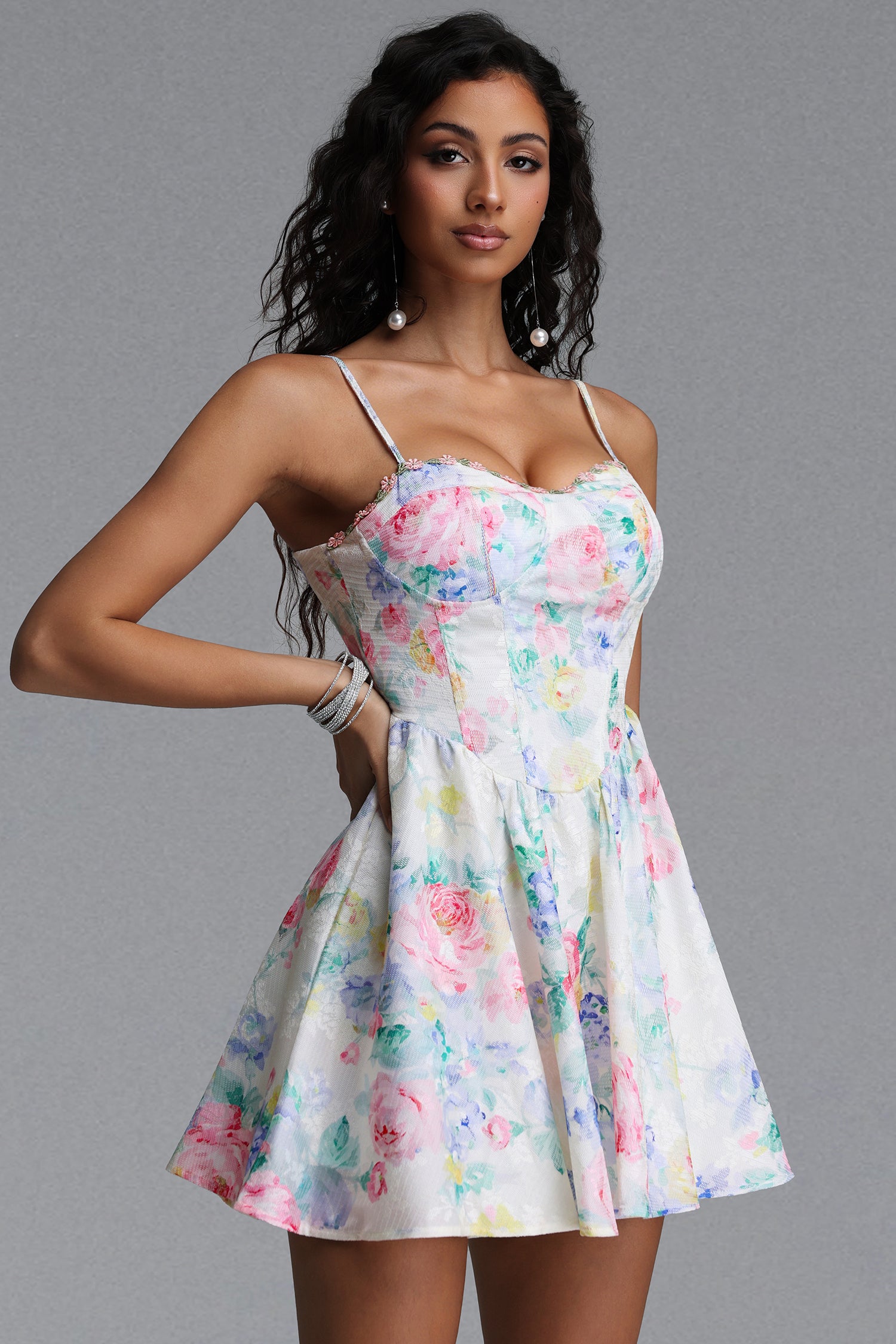 Katrina Resort Cinched Sleeveless Floral Print Woven Mini Dress