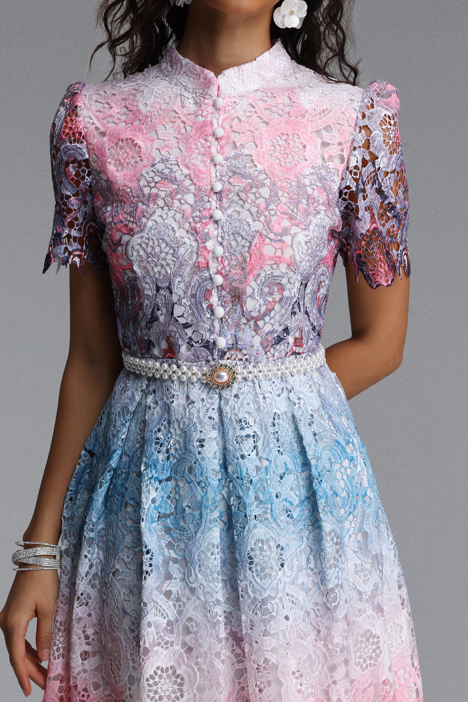 Weiss Resort Cinched Short Sleeve Floral Print Lace Midi Dress