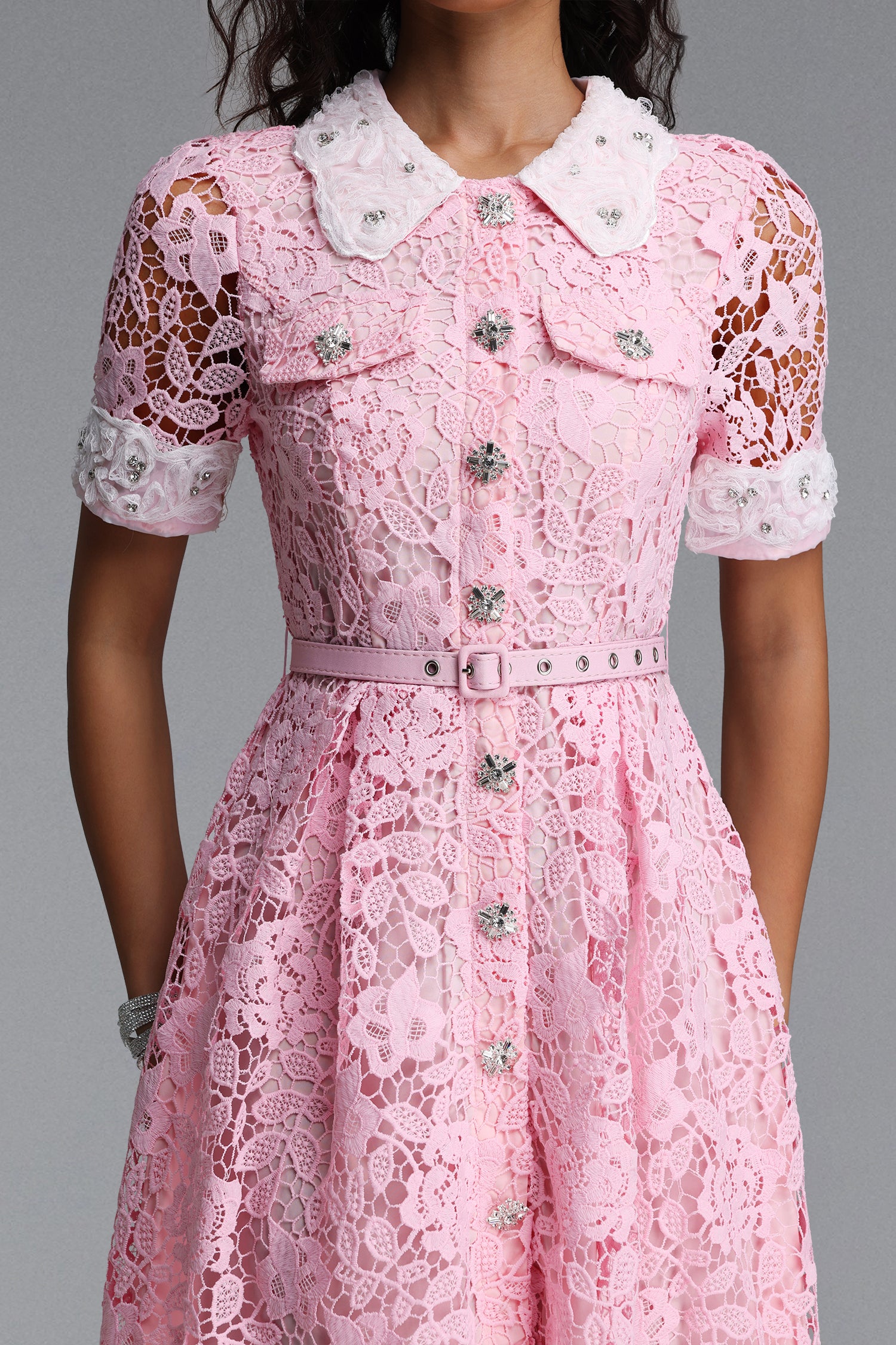 Sagona Classic Tailored Short Sleeve Rhinestone Floral Lace Maxi Dress