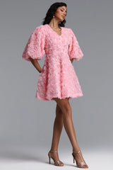 Kadence Resort Flowy V Neck Puff Sleeve Floral Woven Mini Dress