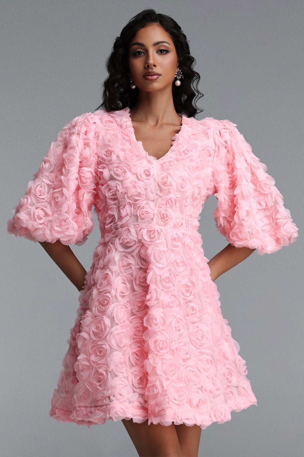 Kadence Resort Flowy V Neck Puff Sleeve Floral Woven Mini Dress