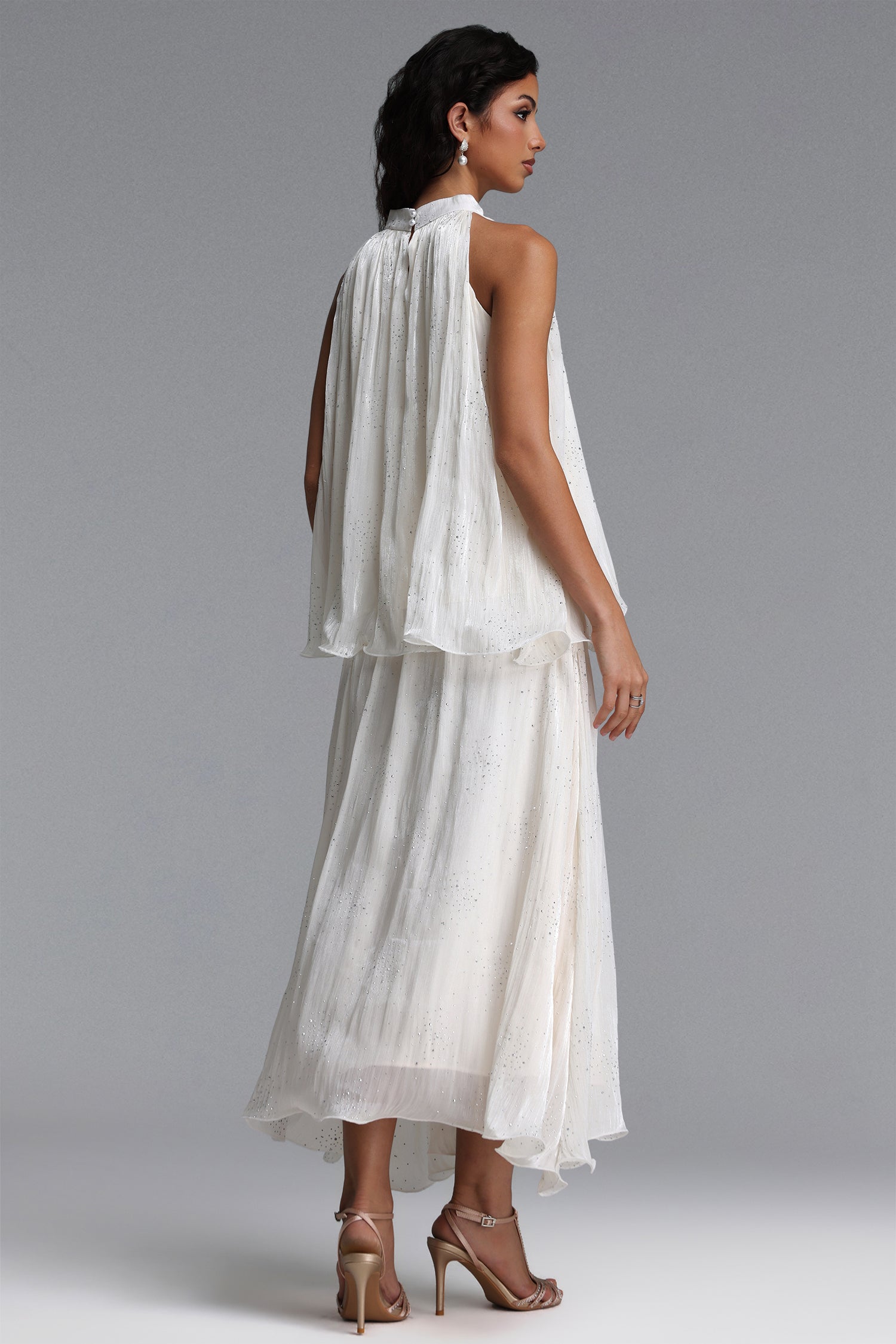 Debra Resort Flowy Sleeveless Rhinestone Woven Beige Top and Skirt Two Piece Set