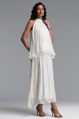 Debra Resort Flowy Sleeveless Rhinestone Woven Beige Top and Skirt Two Piece Set