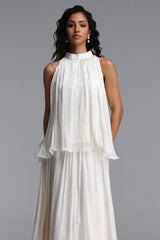 Debra Resort Flowy Sleeveless Rhinestone Woven Beige Top and Skirt Two Piece Set