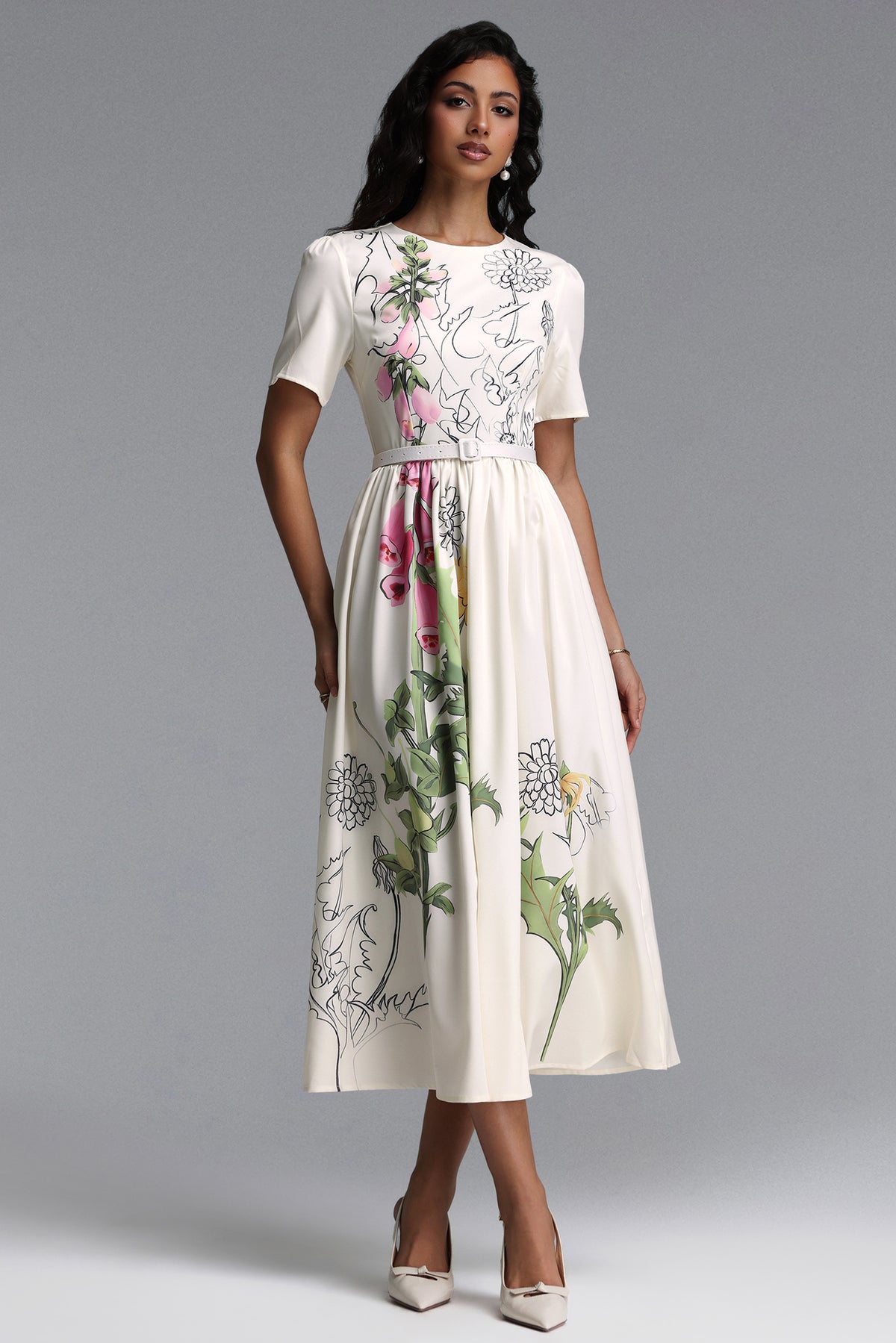 Nani Elegant Tailored Round Neck Short Sleeve Floral Print Woven Maxi Dress