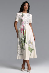 Nani Elegant Tailored Round Neck Short Sleeve Floral Print Woven Maxi Dress