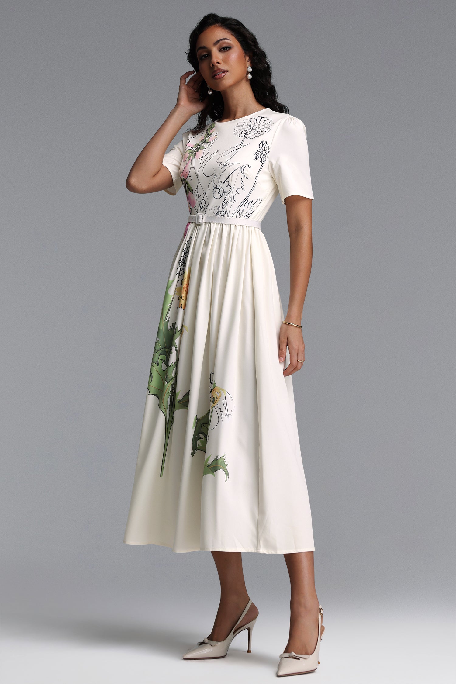 Nani Elegant Tailored Round Neck Short Sleeve Floral Print Woven Maxi Dress