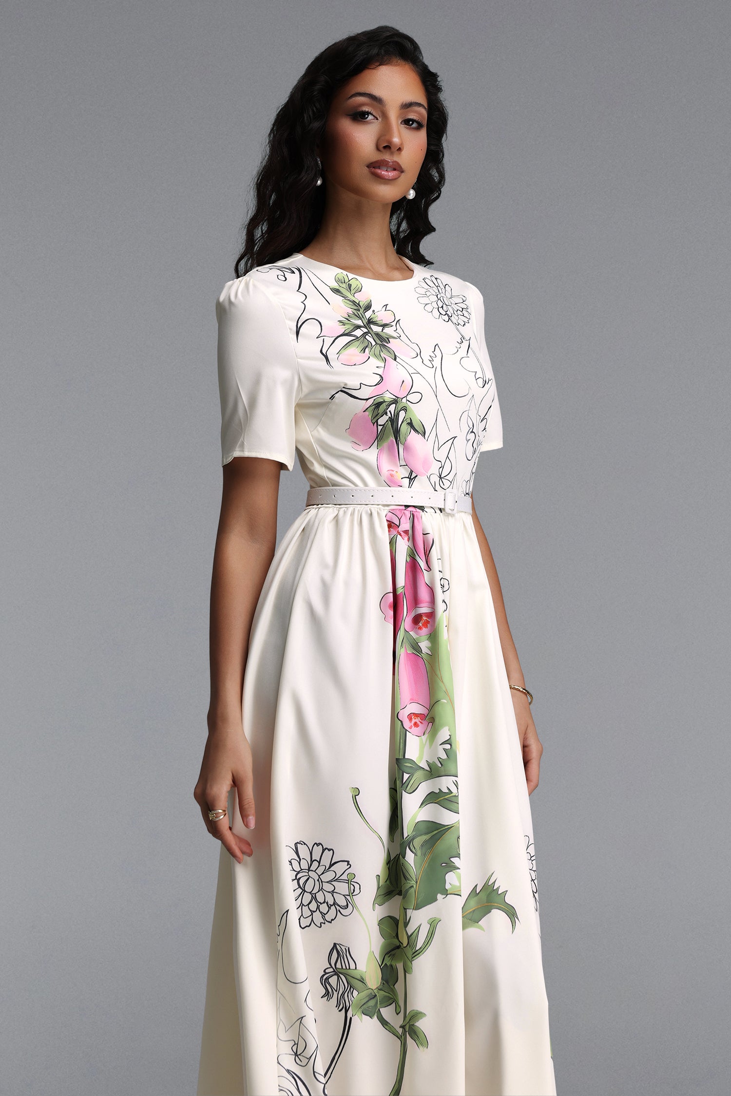 Nani Elegant Tailored Round Neck Short Sleeve Floral Print Woven Maxi Dress