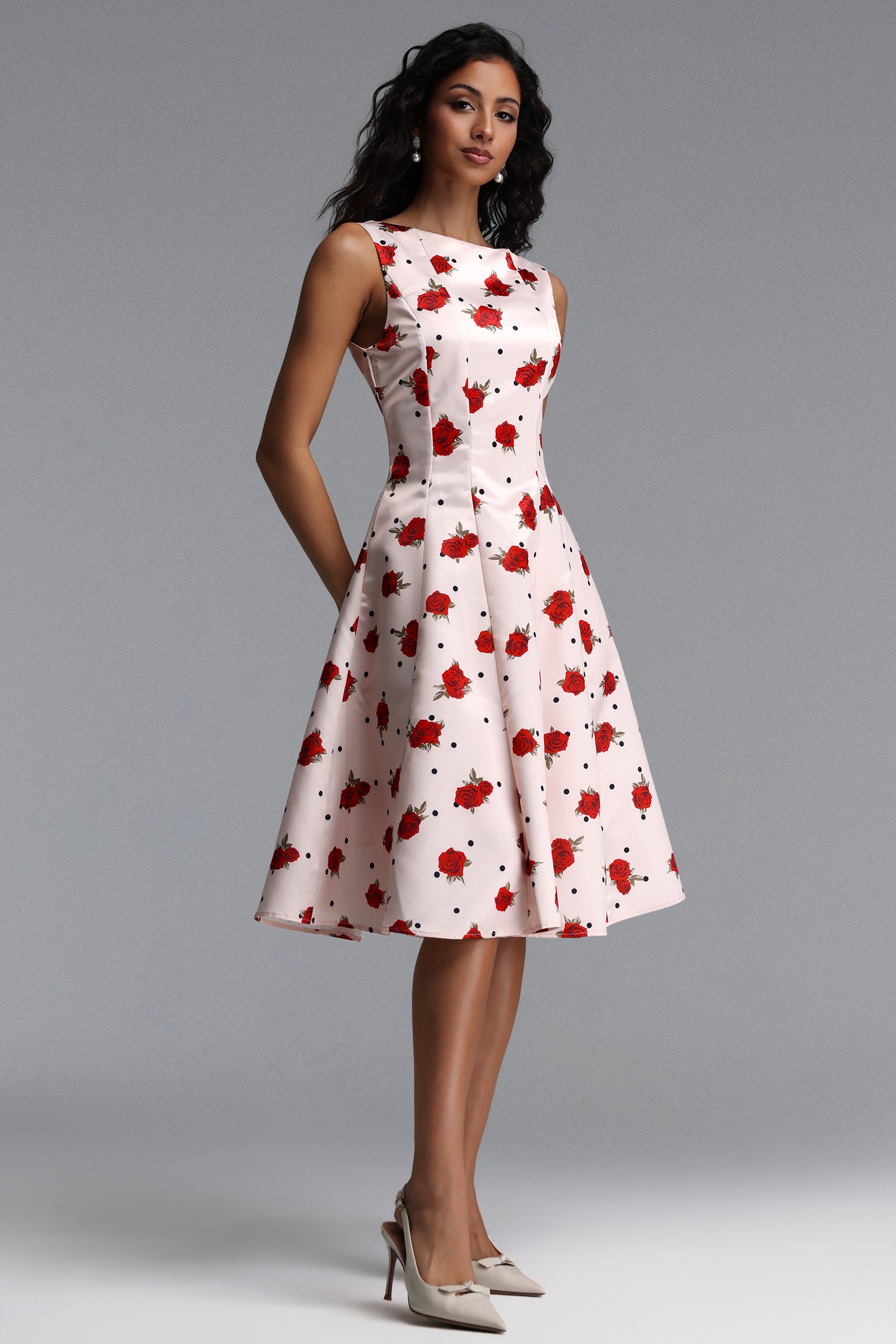 Edan Elegant Tailored Sleeveless Floral Print Satin Midi Dress