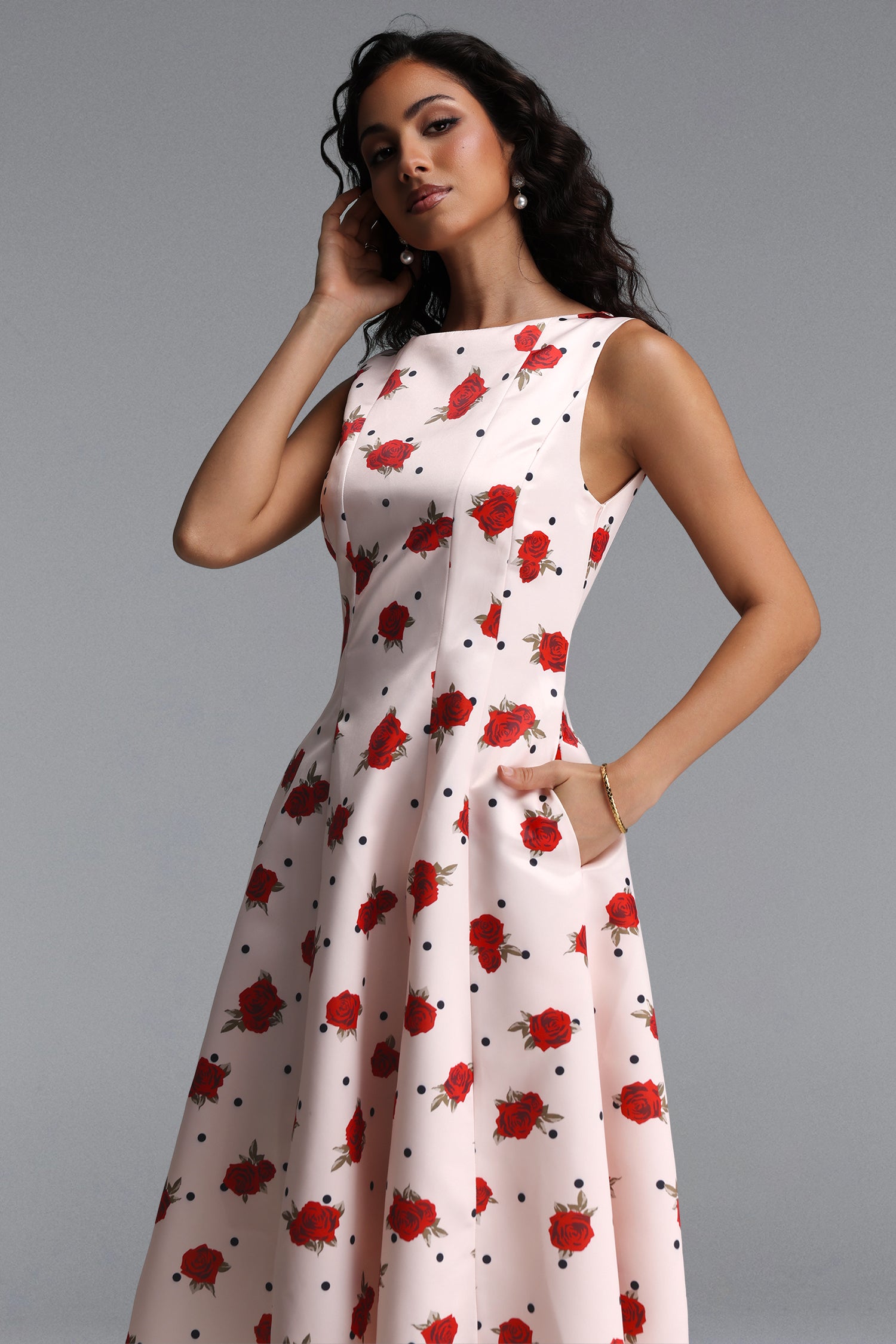 Edan Elegant Tailored Sleeveless Floral Print Satin Midi Dress