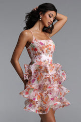 Jacey Resort Tailored Sleeveless Ruffle Floral Print Organza Mini Dress