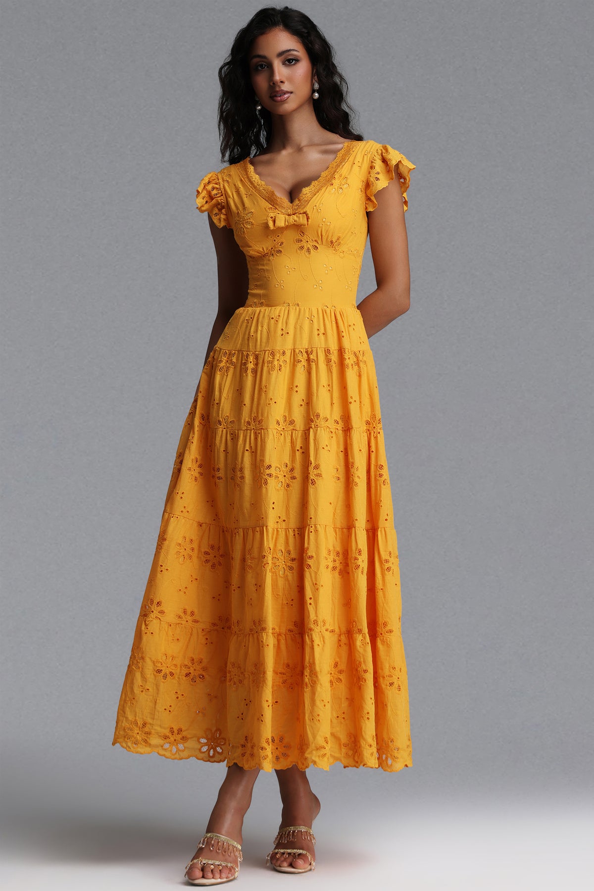 Jerlyn Resort Flowy V Neck Sleeveless Bow Ruffle Woven Maxi Dress
