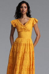 Jerlyn Resort Flowy V Neck Sleeveless Bow Ruffle Woven Maxi Dress