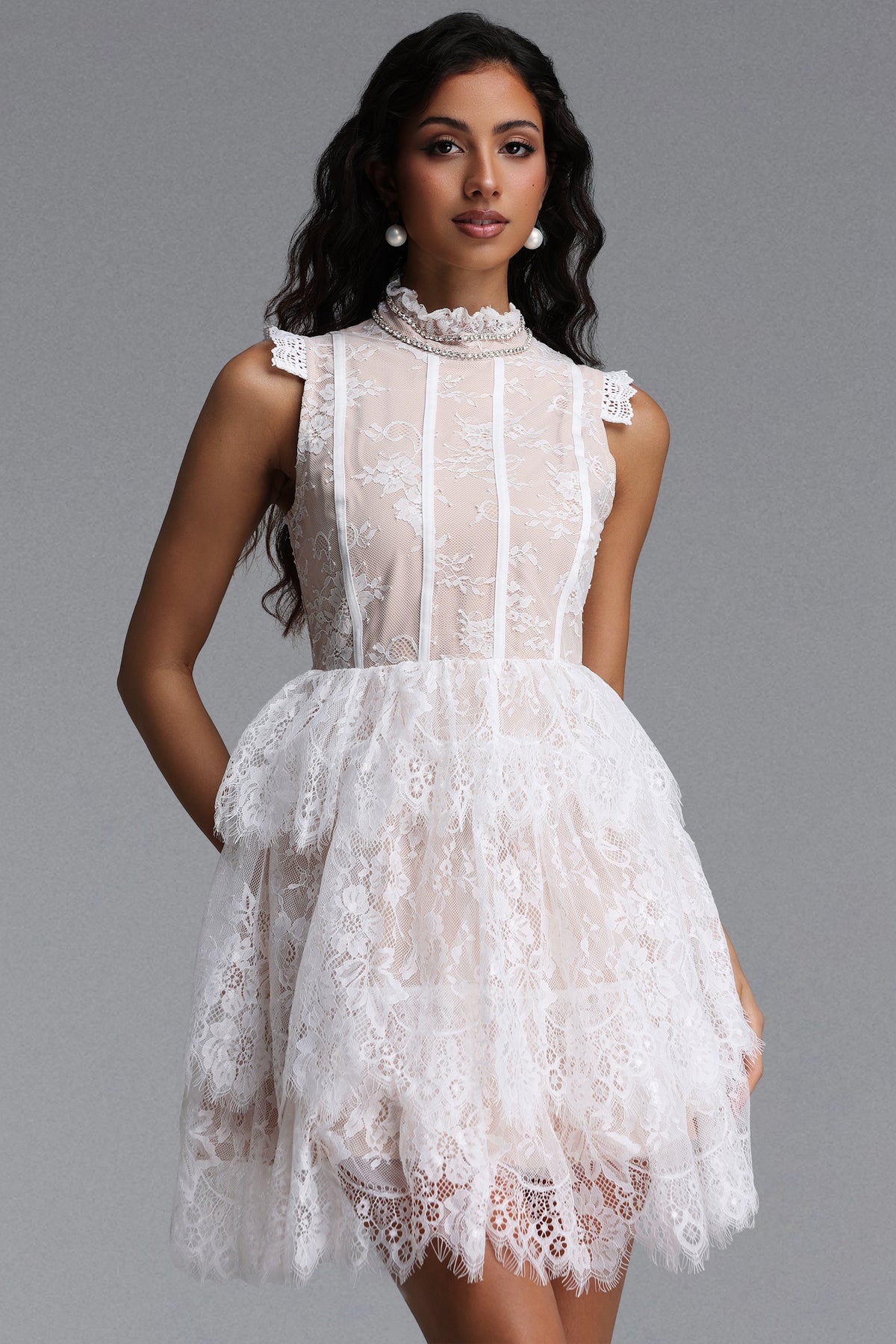 Haliya Elegant Cinched Sleeveless Ruffle Floral Lace Mini Dress