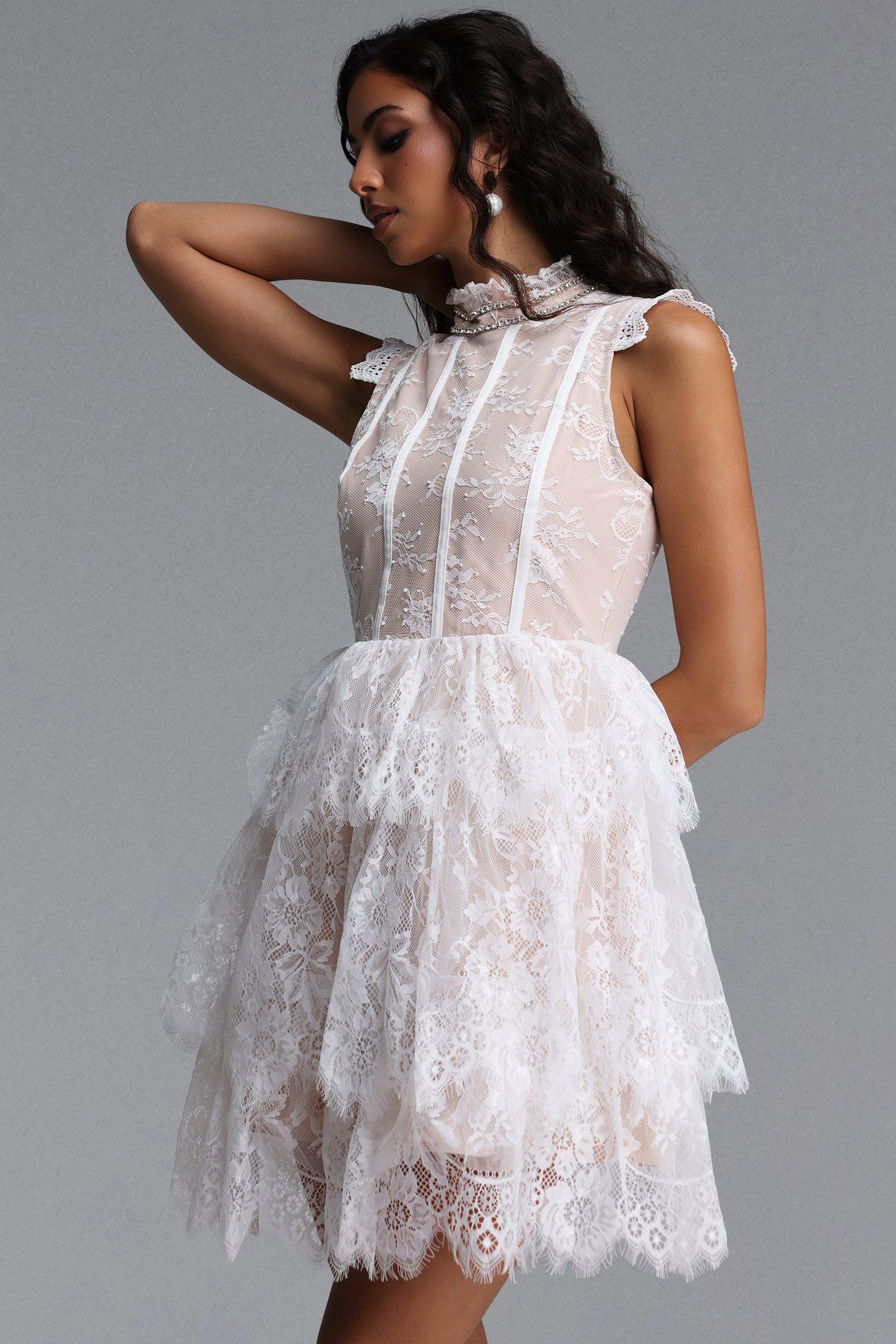 Haliya Elegant Cinched Sleeveless Ruffle Floral Lace Mini Dress