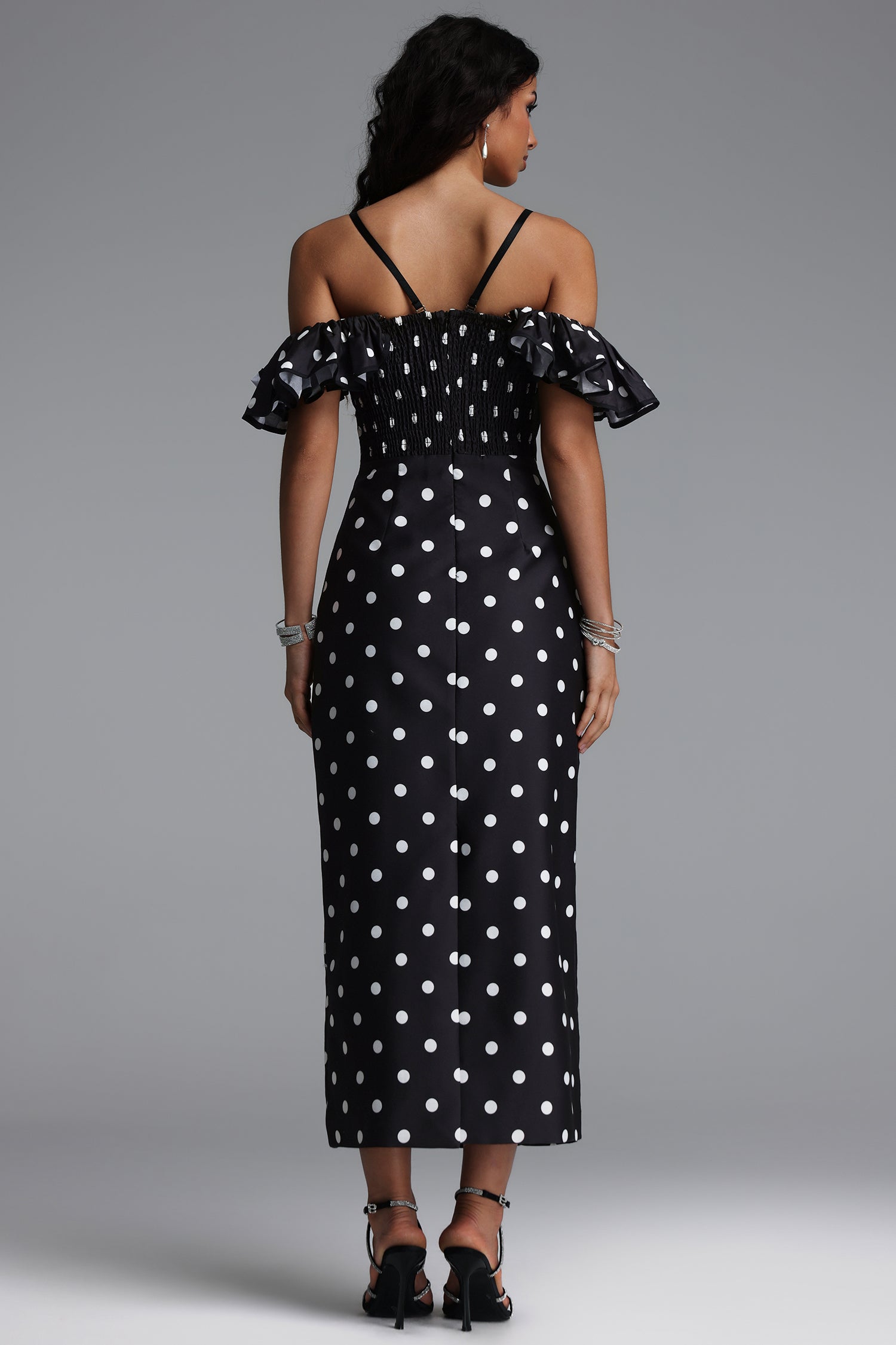 Gilian Classic Tailored Off Shoulder Ruffle Polka Dot Woven Maxi Dress