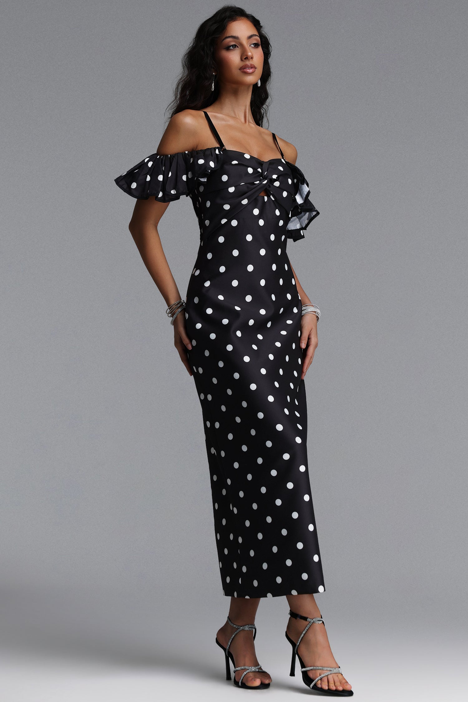 Gilian Classic Tailored Off Shoulder Ruffle Polka Dot Woven Maxi Dress