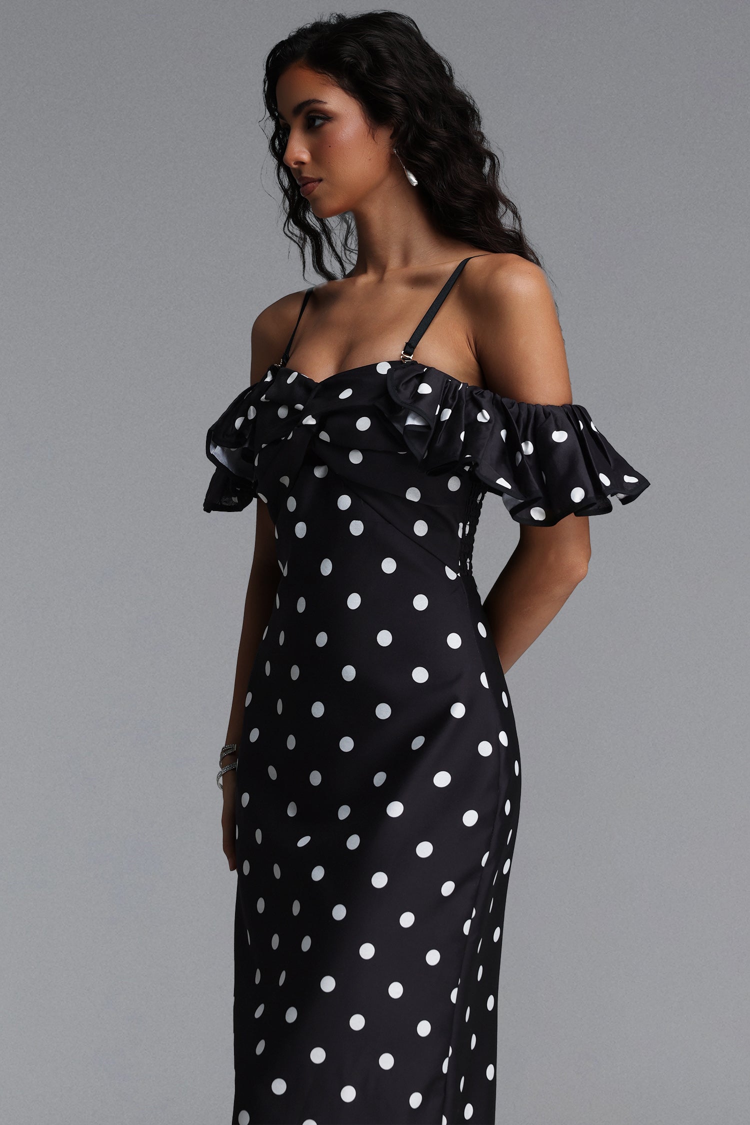 Gilian Classic Tailored Off Shoulder Ruffle Polka Dot Woven Maxi Dress