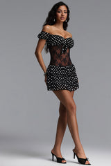 Kyli Sexy Contour Off Shoulder Floral Lace Polka Dot Knit Mini Dress