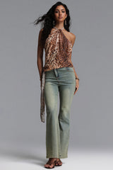 Jaelyn Sexy Flowy Sleeveless Rhinestone Leopard Print Chiffon Top