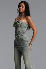 Paca Chic Contour Bow Denim Top And Pant Two Piece Set
