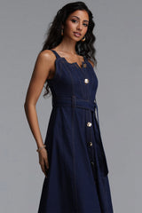Lunia Elegant Cinched Sleeveless Denim Maxi Dress