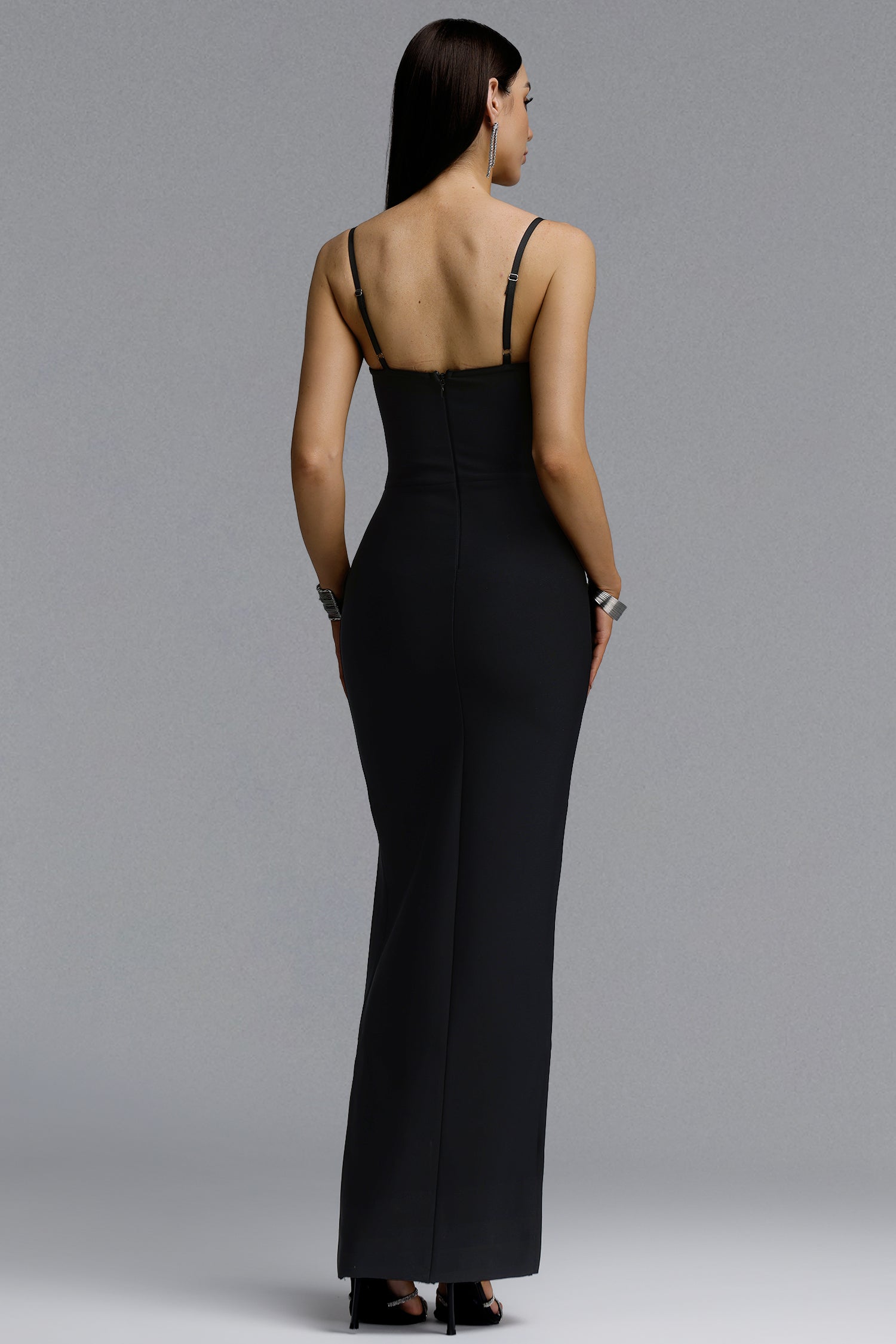Farrah Chic Contour Spaghetti Strap V Neck Leaf Rhinestone High Slit Bandage Maxi Dress