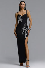 Farrah Chic Contour Spaghetti Strap V Neck Leaf Rhinestone High Slit Bandage Maxi Dress
