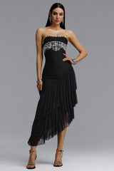 Ella Dynamic Contour Strapless Floral Leaf Rhinestone Asymmetric Mesh Bandage Midi Dress
