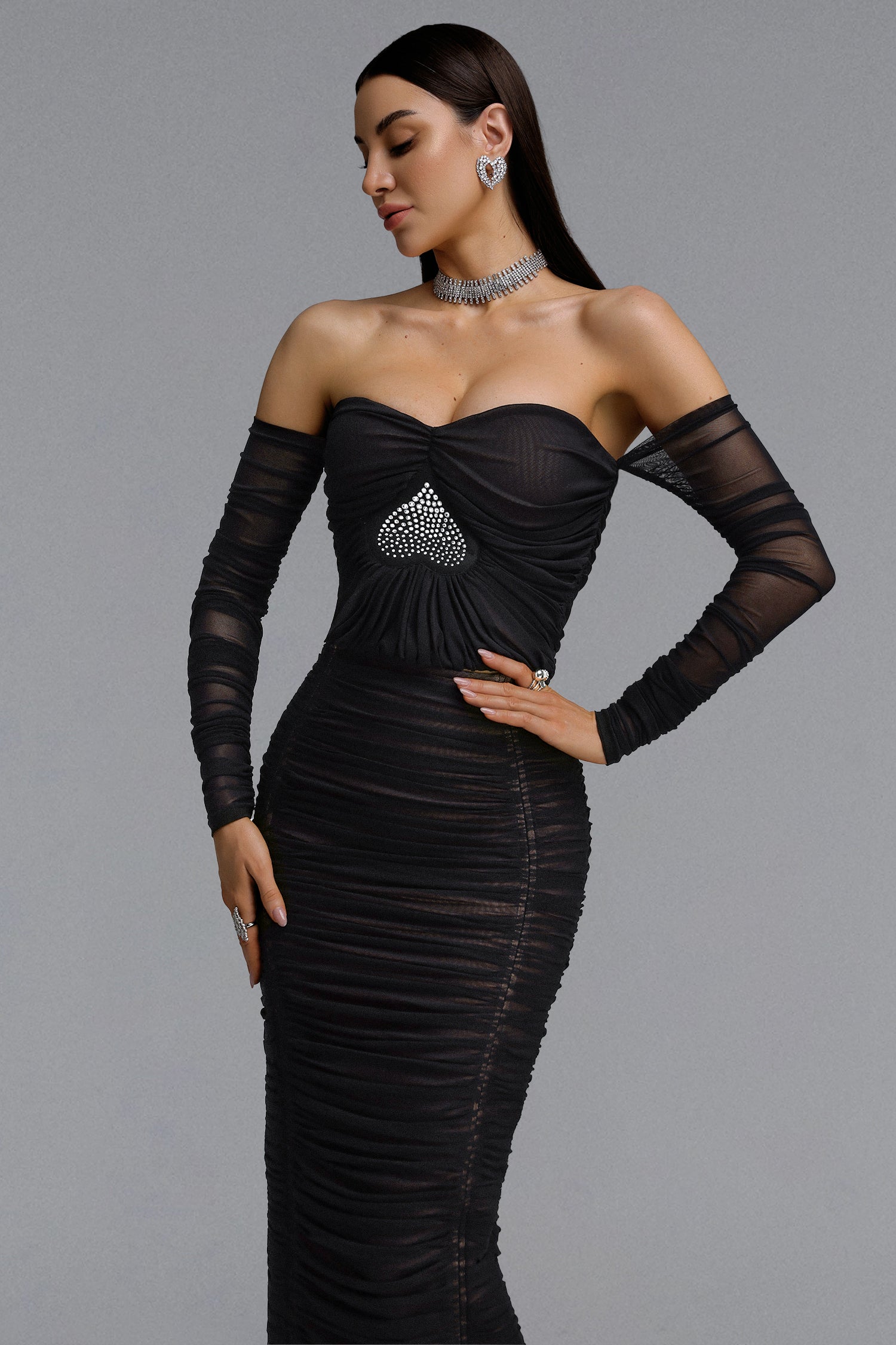 Unica Slim Fit Off Shoulder Long Sleeve Mesh Heart Rhinestone Ruched Bandage Top and Skirt Set