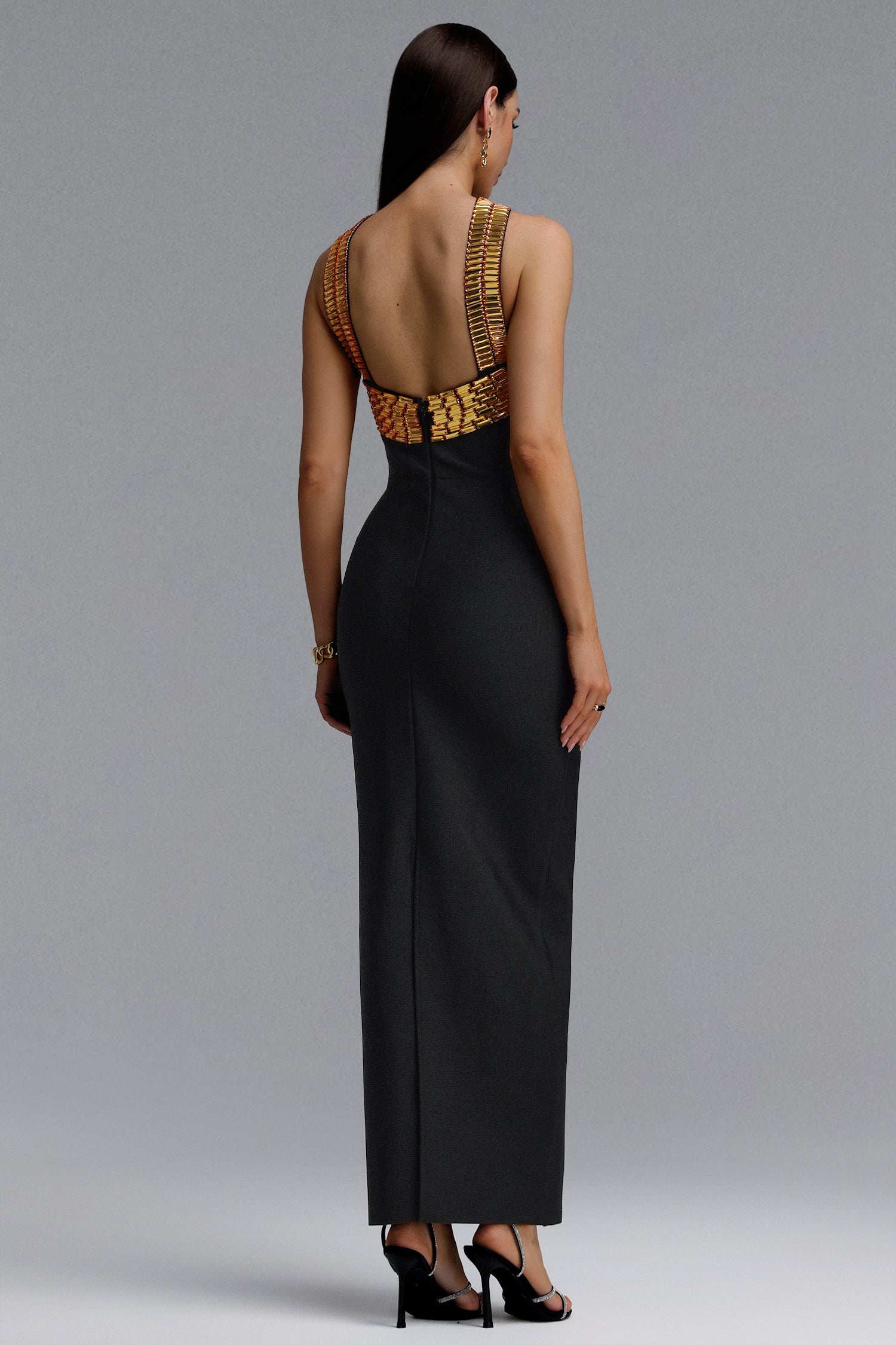 Riza Chic Contour Halter Rhinestone Bandage Gold Maxi Dress