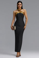 Riza Chic Contour Halter Rhinestone Bandage Gold Maxi Dress
