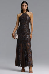 Yuhie Luxurious Contour Halter Open Back Floral Sequin Midi Dress