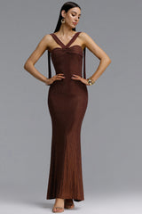 Karsten Edgy Contour Halter Twist Sequin Caramel Maxi Dress