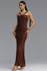 Karsten Edgy Contour Halter Twist Sequin Caramel Maxi Dress