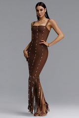 Leah Sleeveless Diamond Tassel Bandage Brown Maxi Dress