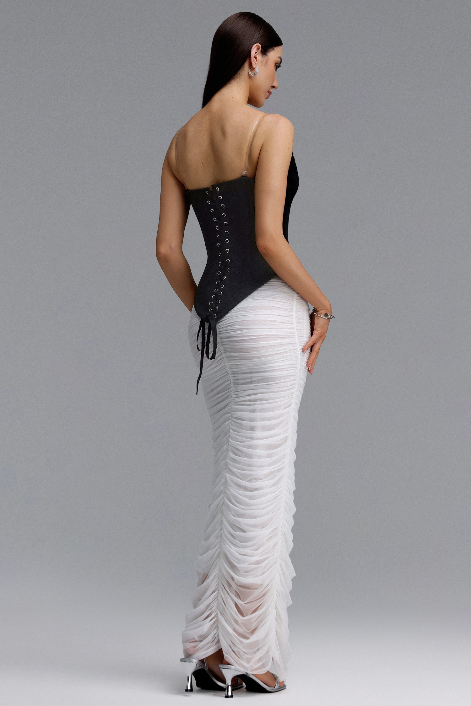 Temaie Luxurious Contour Spaghetti Strap V Neck Rhinestone Ruched Two Piece Maxi Dress