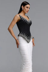 Temaie Luxurious Contour Spaghetti Strap V Neck Rhinestone Ruched Two Piece Maxi Dress