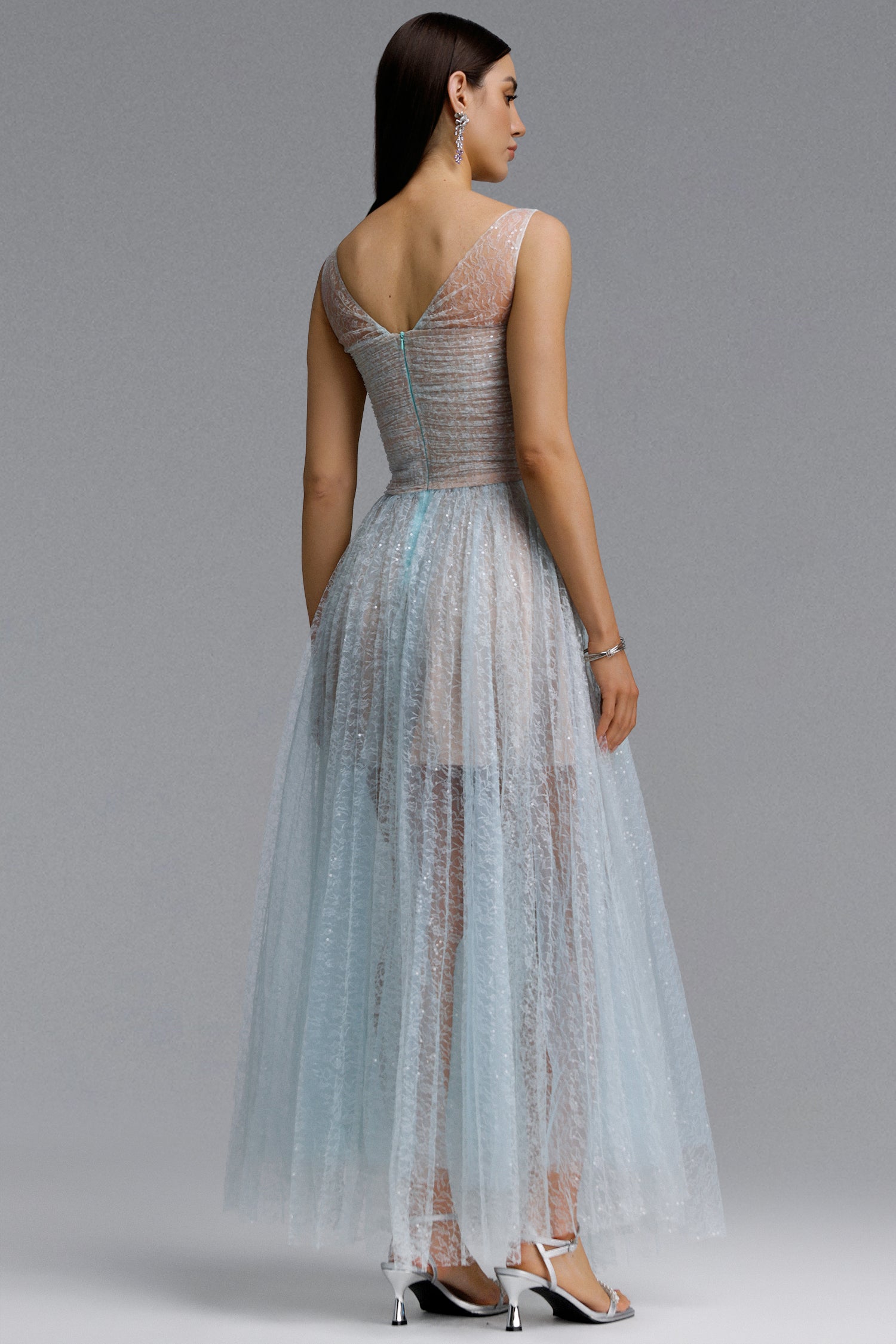 Geralynne Romantic Contour Spaghetti Strap Ruched Tie Sparkle Tulle Maxi Dress