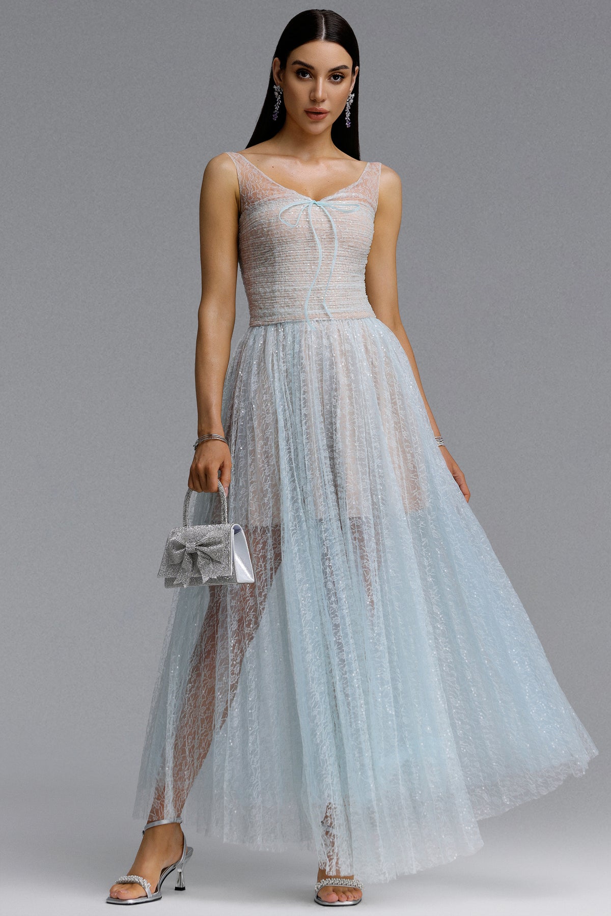 Geralynne Romantic Contour Spaghetti Strap Ruched Tie Sparkle Tulle Maxi Dress