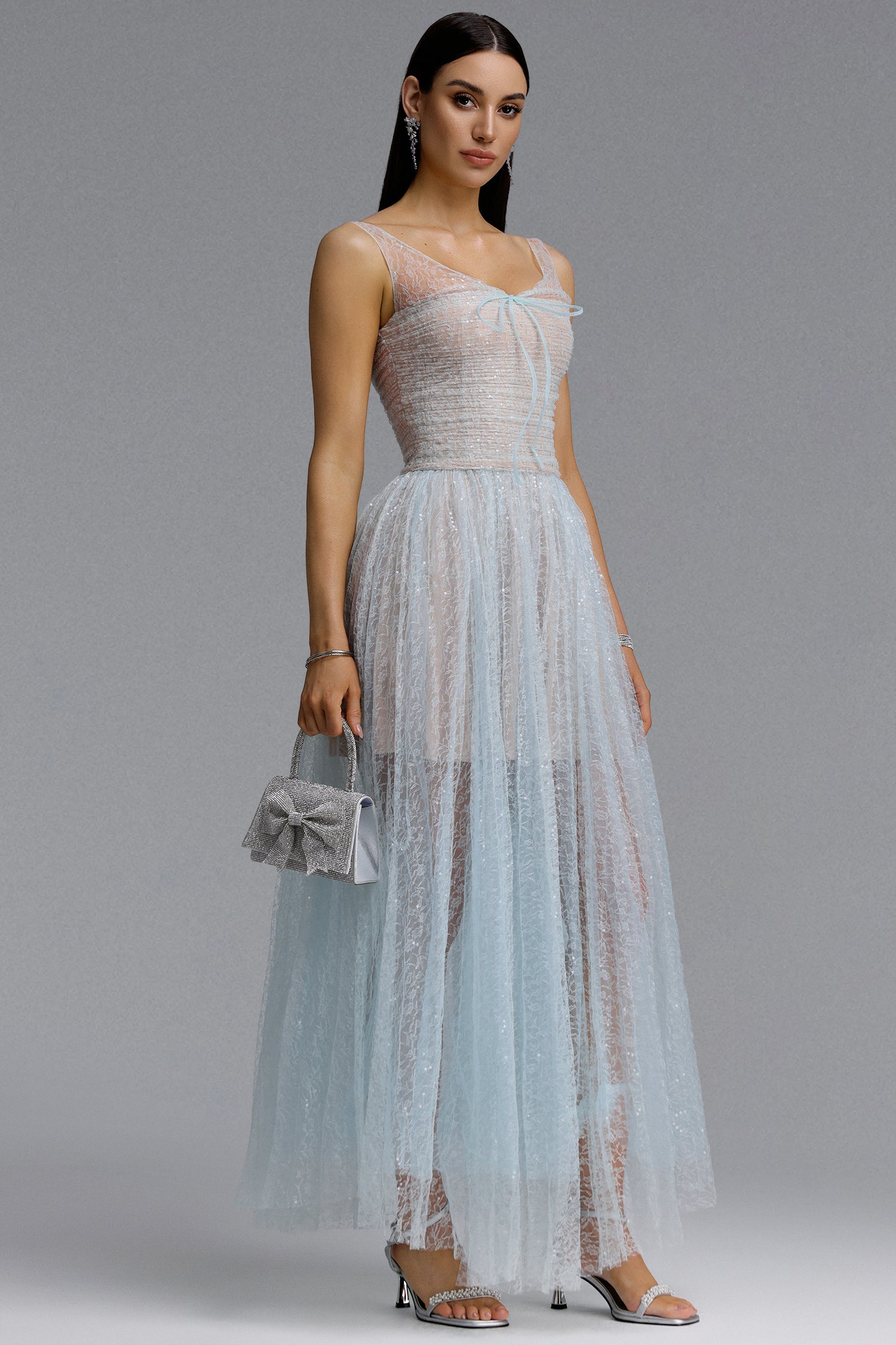 Geralynne Romantic Contour Spaghetti Strap Ruched Tie Sparkle Tulle Maxi Dress