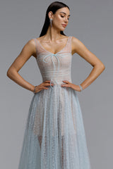 Geralynne Romantic Contour Spaghetti Strap Ruched Tie Sparkle Tulle Maxi Dress