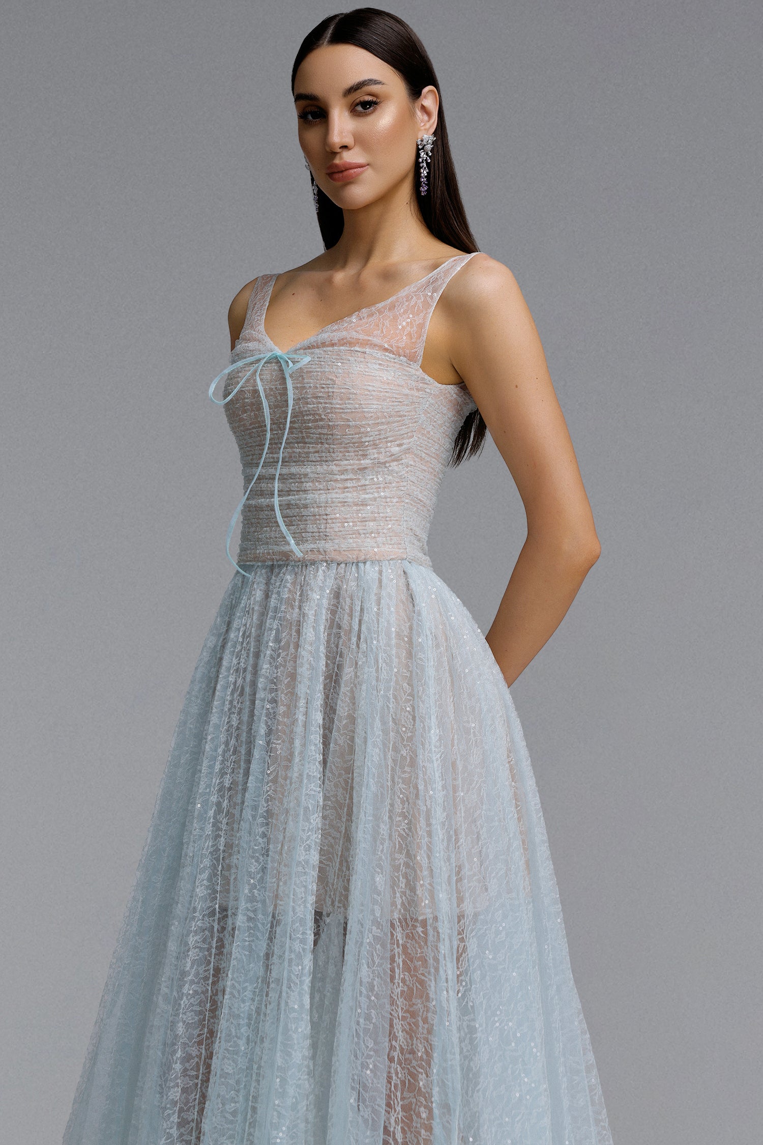 Geralynne Romantic Contour Spaghetti Strap Ruched Tie Sparkle Tulle Maxi Dress