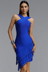 Sarada Edgy Contour Wide Strap Square Neck Asymmetrical Grommet Fringe Bandage Mini Dress