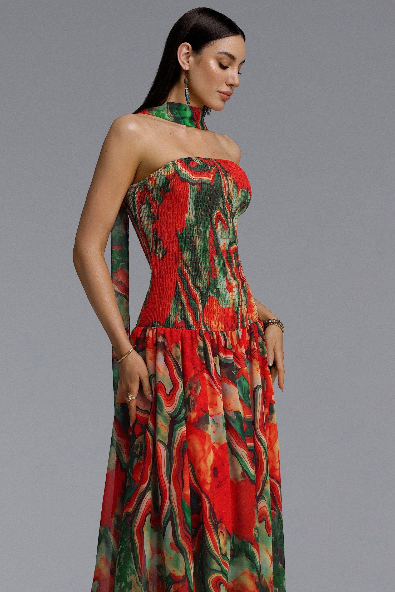 Roxany Vintage Contour Halter Strapless Scarf Fluid Oil Paint Maxi Dress