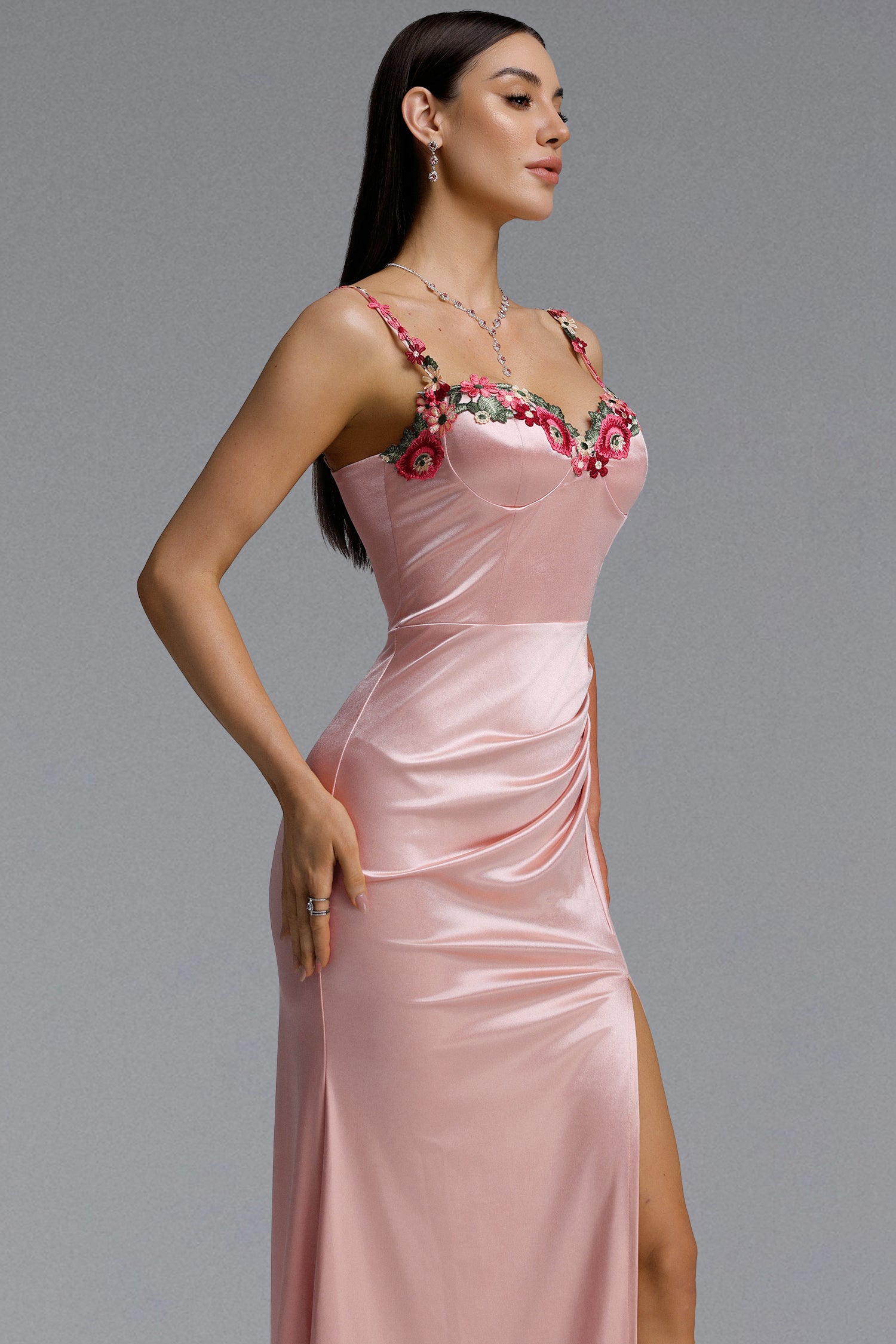 Wynn Romantic Contour Pleated Floral Satin Maxi Dress