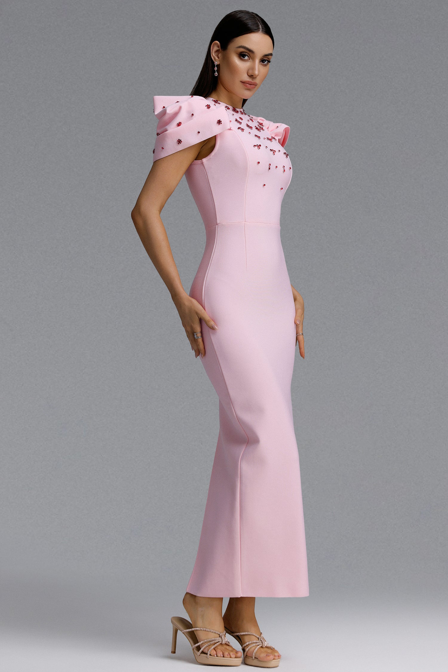 Lisiya Elegant Contour High Neck Bow Puff Sleeve Bandage Maxi Dress