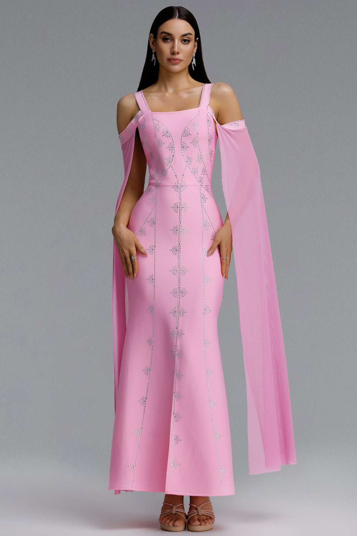 Kawko Romantic Contour Wide Strap Square Neck Symmetric Rhinestone Chiffon Cape Slit Bandage Maxi Dress