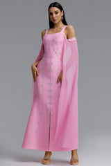 Kawko Romantic Contour Wide Strap Square Neck Symmetric Rhinestone Chiffon Cape Slit Bandage Maxi Dress